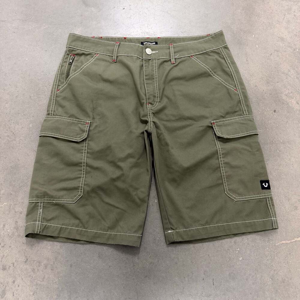 True Religion Olive Green Cargo Shorts Contrast Stitch Size 36